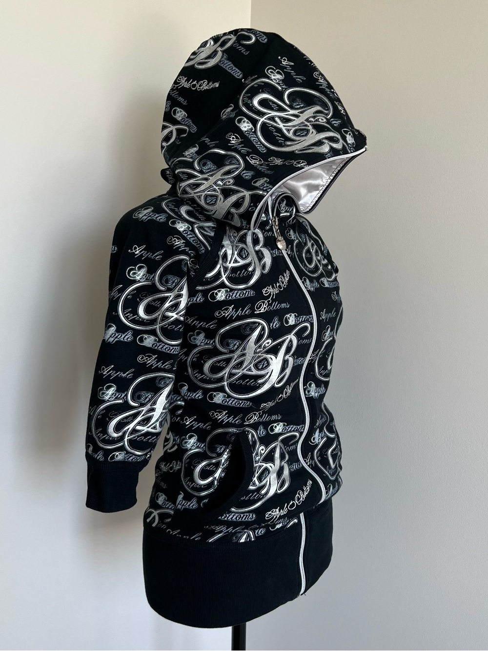 Apple Bottoms Black and White Logo-Print Hooded Zip Y2K Jacket